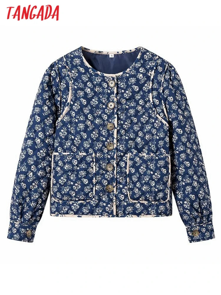 Women's Blue Flower Print Coat Warm Loose Thick Jacket Fall/Winter