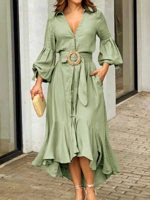 Long Lantern Sleeve Midi Dress Women Vintage Belt Irregular Hem Elegant Casual Fashion Dress