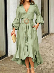 Women's Vintage Dress Long Lantern Sleeve with Belt Irregular Hem Midi Dress