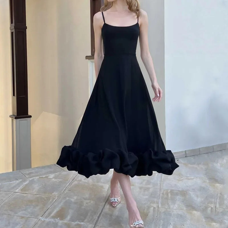 Elegant Ruffle Solid Long Dress Spaghetti Strap Party Dresses Strap Waist Sleeveless Backless Beach Swing Skirt A-line Tutu