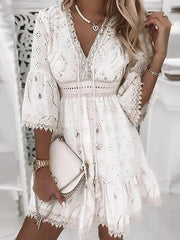 White Lace Beach Dress for Women V Neck Hollow Out 3/4 Sleeve Short Dress