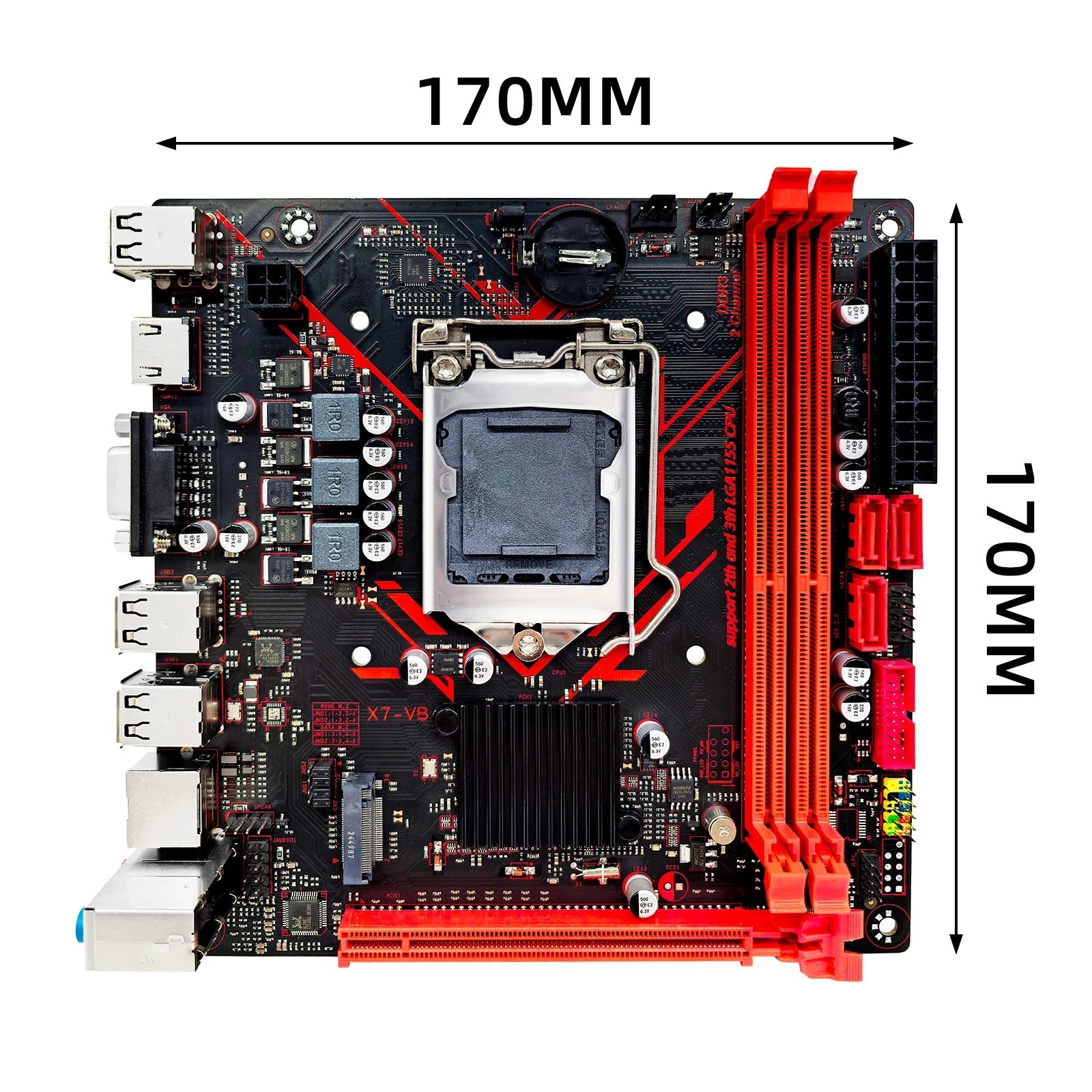 Computer motherboard with dimensions labeled on a white background