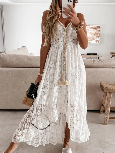 Maxi Dress Women Bohemian Lace Solid Deep V-Neck Sleeveless High Waist A-Line Beachwear Summer Dress