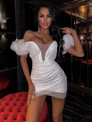 Women's Sexy Off Shoulder  Mini Bodycon Dress Ruffles Mesh Embellished with Crystal Diamonds  Black Bandage Dress Elegant Evening Party Dress