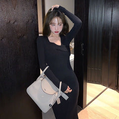 Elegant Slim One-Size Party Dress Vintage Knitted Dresses for Women Long Sleeve Sweater Dress