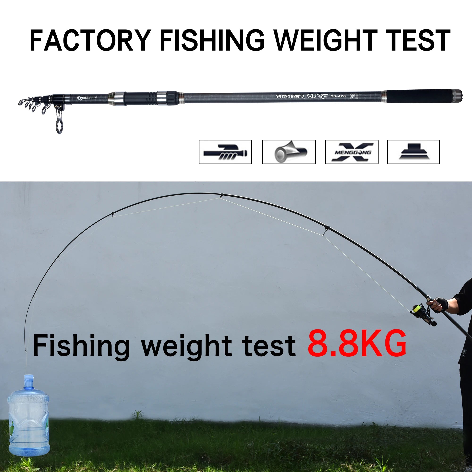 Fishing rod with weight test information against a plain background