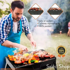 Man grilling food on a portable charcoal grill with text about its features.