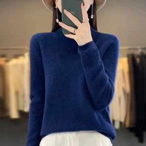 Women's Sweater Half Height Curled Collar Bright Silk Pure Wool Yarn Knitwear Pullover Sweater