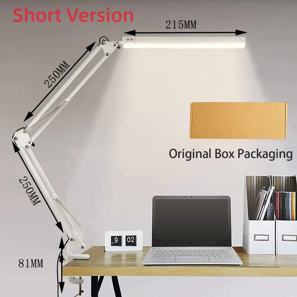 Adjustable desk lamp on a desk with measurements and packaging information displayed.