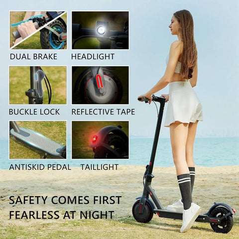 Woman riding a scooter with safety features highlighted on a beach.