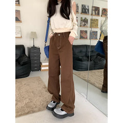 Women's Brown Jeans High Waist Vintage Straight Baggy Denim Pants Streetwear Heart Pocket Pattern Design Wide Leg Denim Trousers