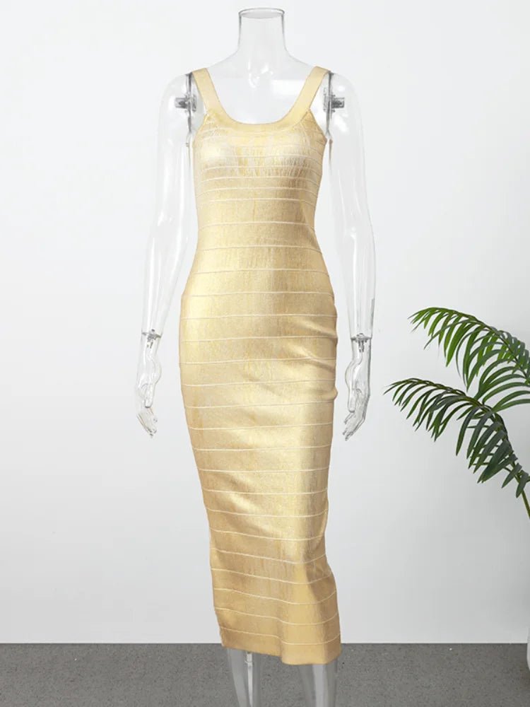 Gold bandage dress on a mannequin with a white background