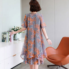 Women's Irregular Loose Midi A-Line Dress Round Neck Summer Short Sleeve Layered Patchwork Dresses
