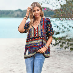 Floral Print Boho Beach Blouses Vintage Short Sleeve V Neck Blouse