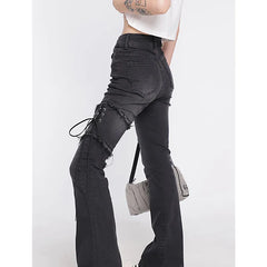 Women's Flare Black Jeans Punk Lacing High Waist Stretchy Self Cultivation Vintage Denim Trousers
