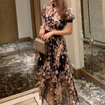 High Quality Embroidered Long Mesh Summer Dress New Fashion Mesh Sequins Flower Pattern Dress Chic Summer Maxi Long Dress