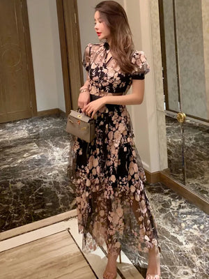 High Quality Embroidered Long Mesh Summer Dress New Fashion Mesh Sequins Flower Pattern Dress Chic Summer Maxi Long Dress