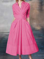 Women's Solid Color Long Sleeve Dress Elegant Spring/Summer Dress White, Blue, Watermelon