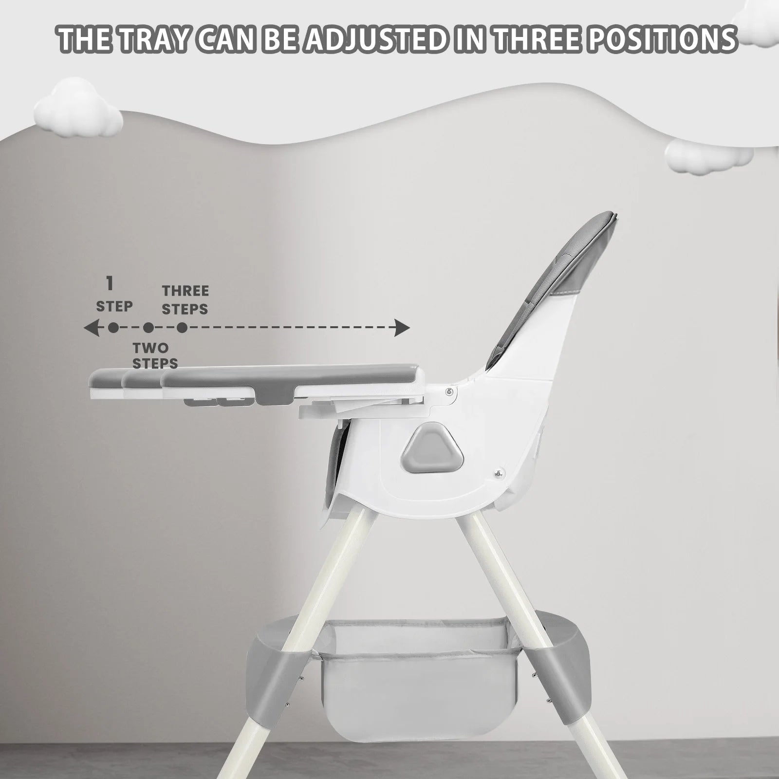 High chair with adjustable tray on a plain background
