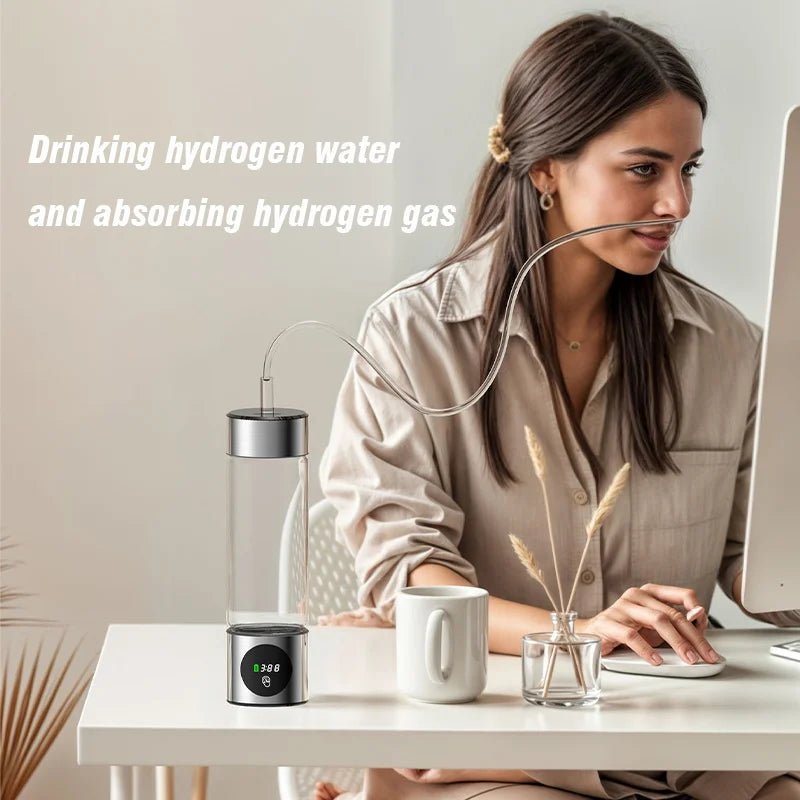 Woman using a hydrogen water device at a desk with text about drinking and absorbing hydrogen gas.