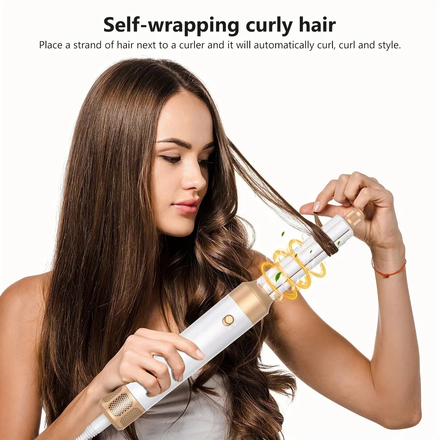 Woman using a hair styling tool to curl her hair with text 'Self-wrapping curly hair'.