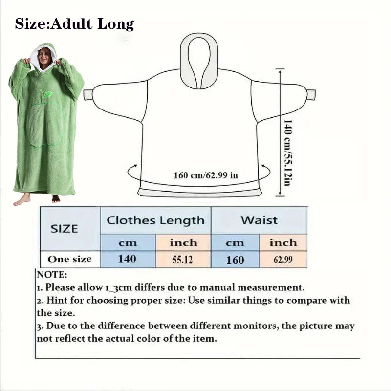 Measurement chart for a green poncho with size chart and dimensions.