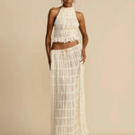 Elegant 2 Piece Set White Halter Pleated Maxi Dress with Tiered Layers and Adjustable Waist Belt & Backless Sling Top Long Skirt Suit