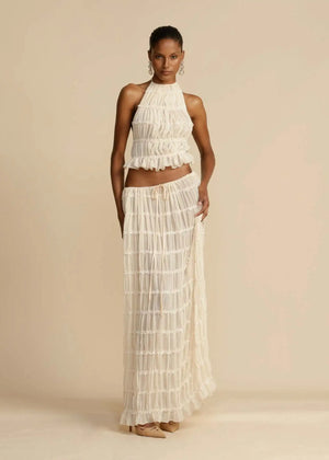 Elegant 2 Piece Set White Halter Pleated Maxi Dress with Tiered Layers and Adjustable Waist Belt & Backless Sling Top Long Skirt Suit