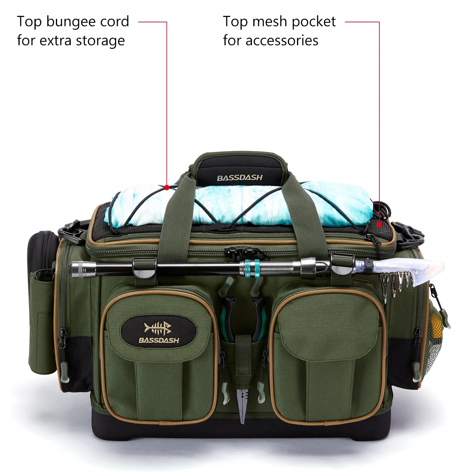 Green fishing bag with various compartments and accessories on a white background