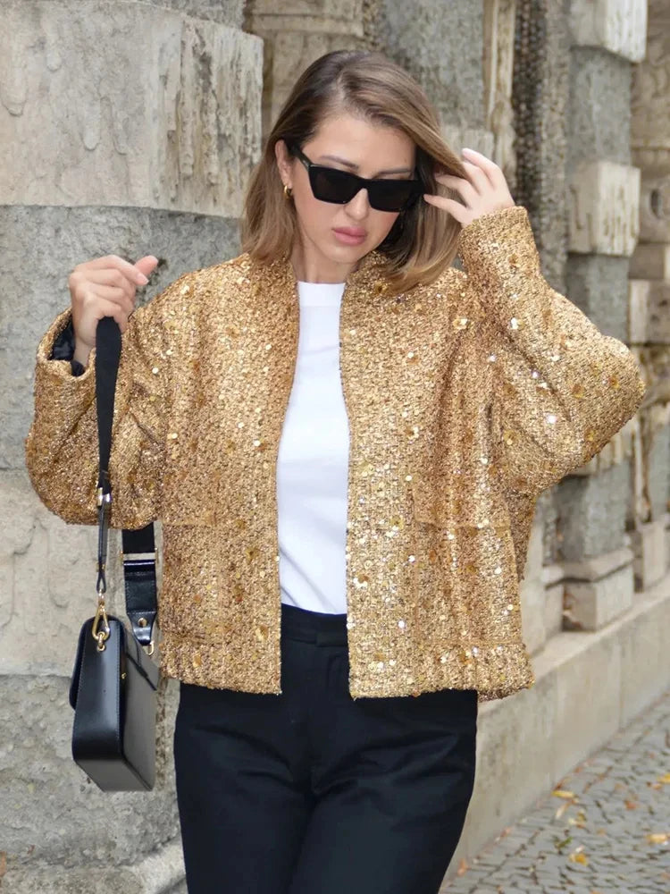 Autumn Sequins Gold Loose Jacket for Women Sparkly Long Sleeve Casual Bomber Jacket with Pockets