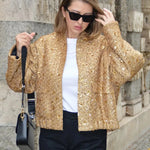 Autumn Sequins Gold Loose Jacket for Women Sparkly Long Sleeve Casual Bomber Jacket with Pockets