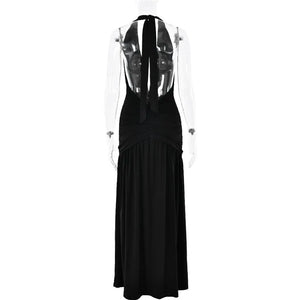 Elegant Halter Maxi Dress with High Slit in Deep Burgundy Black & White Colors