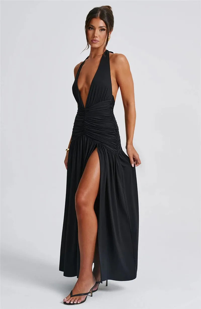 Elegant Halter Maxi Dress with High Slit in Deep Burgundy Black & White Colors