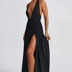 Elegant Halter Maxi Dress with High Slit in Deep Burgundy Black & White Colors