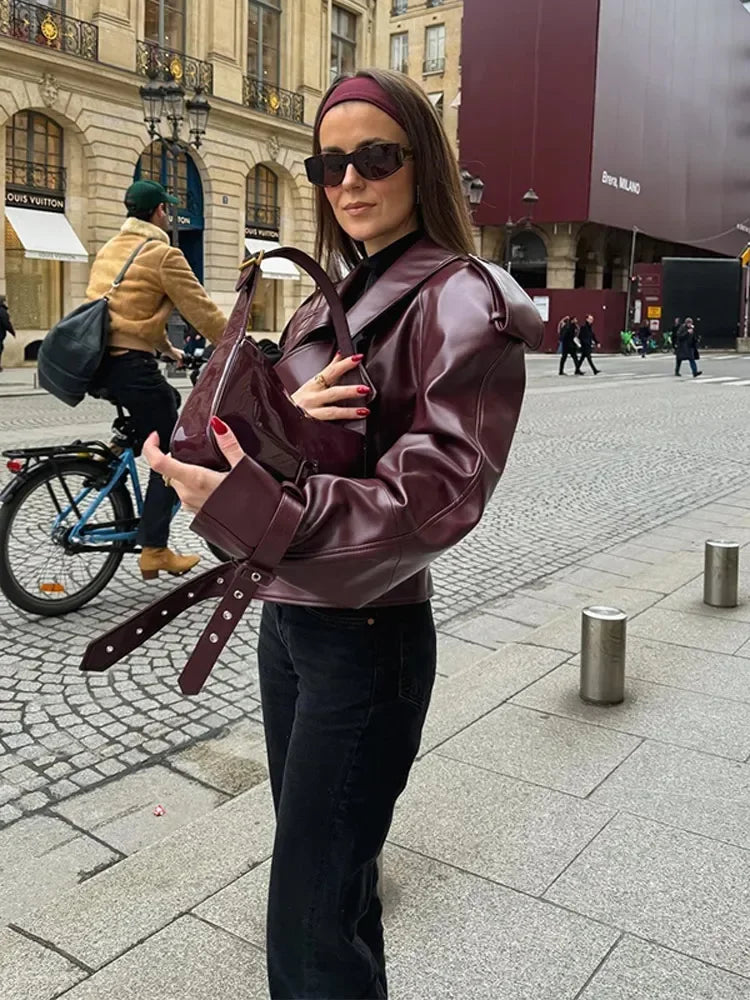 Women's Lapel Long Sleeved Short Faux Leather Jacket Chic Slim Chery Red Cropped Coat  New Fashion Street Party Jacket