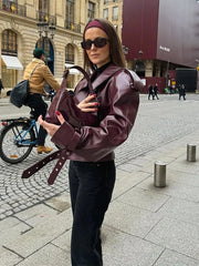 Women's Lapel Long Sleeved Short Faux Leather Jacket Chic Slim Chery Red Cropped Coat  New Fashion Street Party Jacket