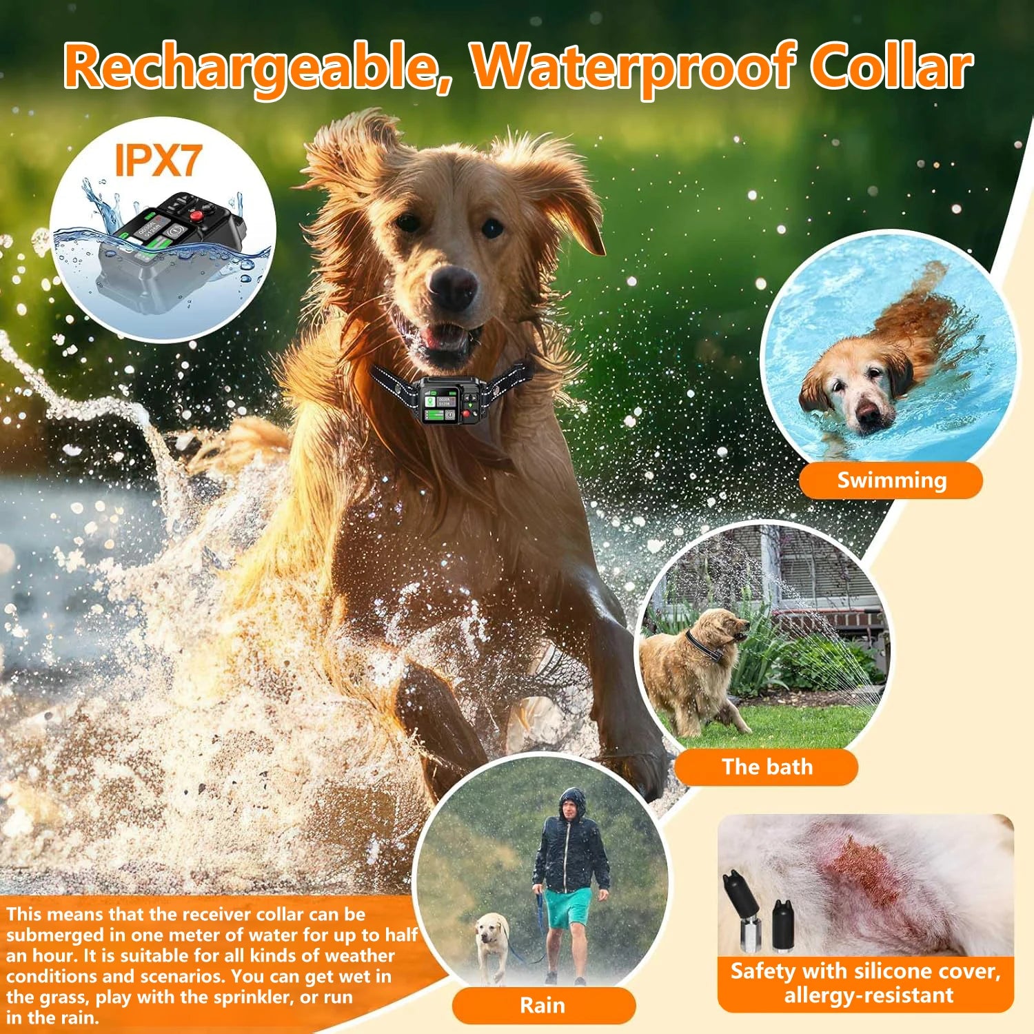 Dog running in water wearing a rechargeable, waterproof collar with various usage scenarios shown.