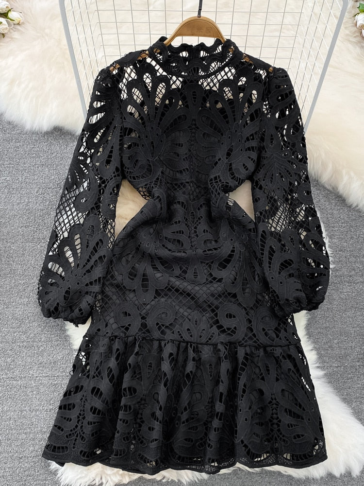 Women's Lace Short Dress Hollow out Floral Embroidery Puff Ruffle Long Sleeve Vintage Elegant Dress