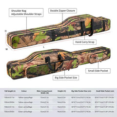 Camouflage rifle case with features labeled and dimensions table below.