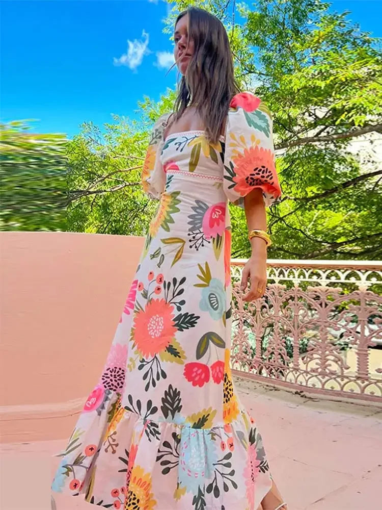 Elegant Flower Print Square Neck Maxi Dress New Spring Summer Fashion Lantern Sleeve A-Line Vacation Dress
