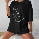 Simple Line Pattern Face Print T-Shirt Cotton Women's Tees Casual Soft Short Sleeve Tops