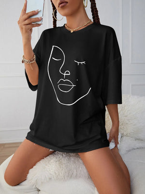 Simple Line Pattern Face Print T-Shirt Cotton Women's Tees Casual Soft Short Sleeve Tops