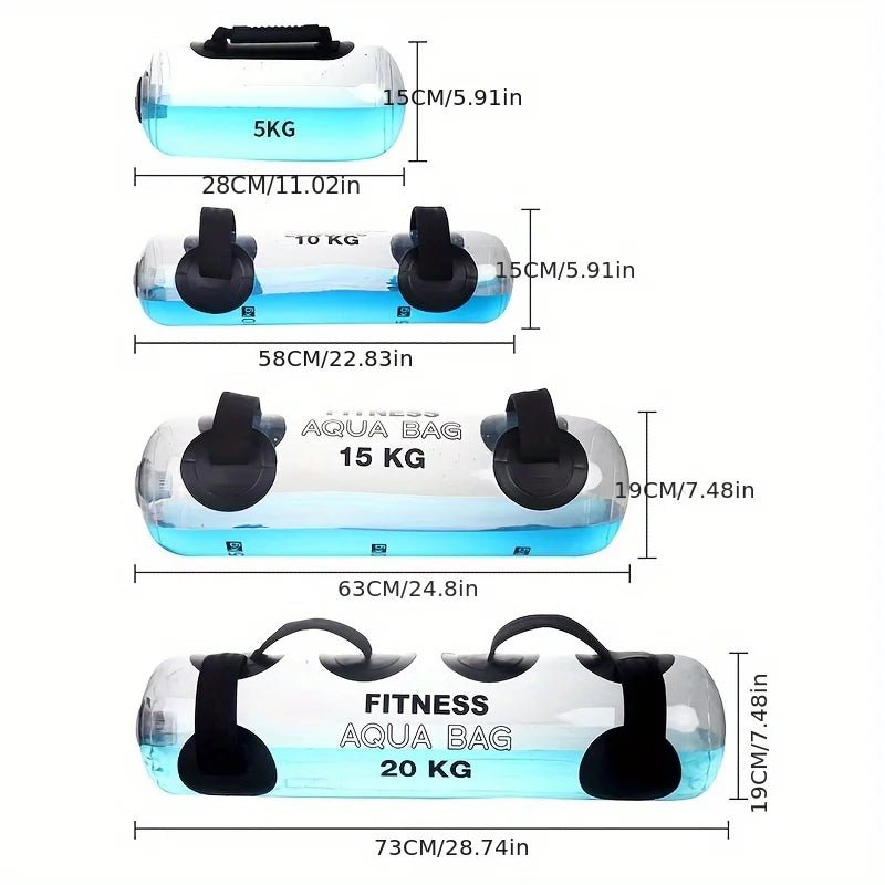 Fitness aqua bags with labeled weights and dimensions on a white background