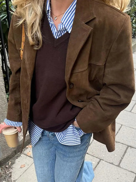 Jacket Women Brown Loose Button Turndown Collar Long Sleeve Autumn Casual Outerwear