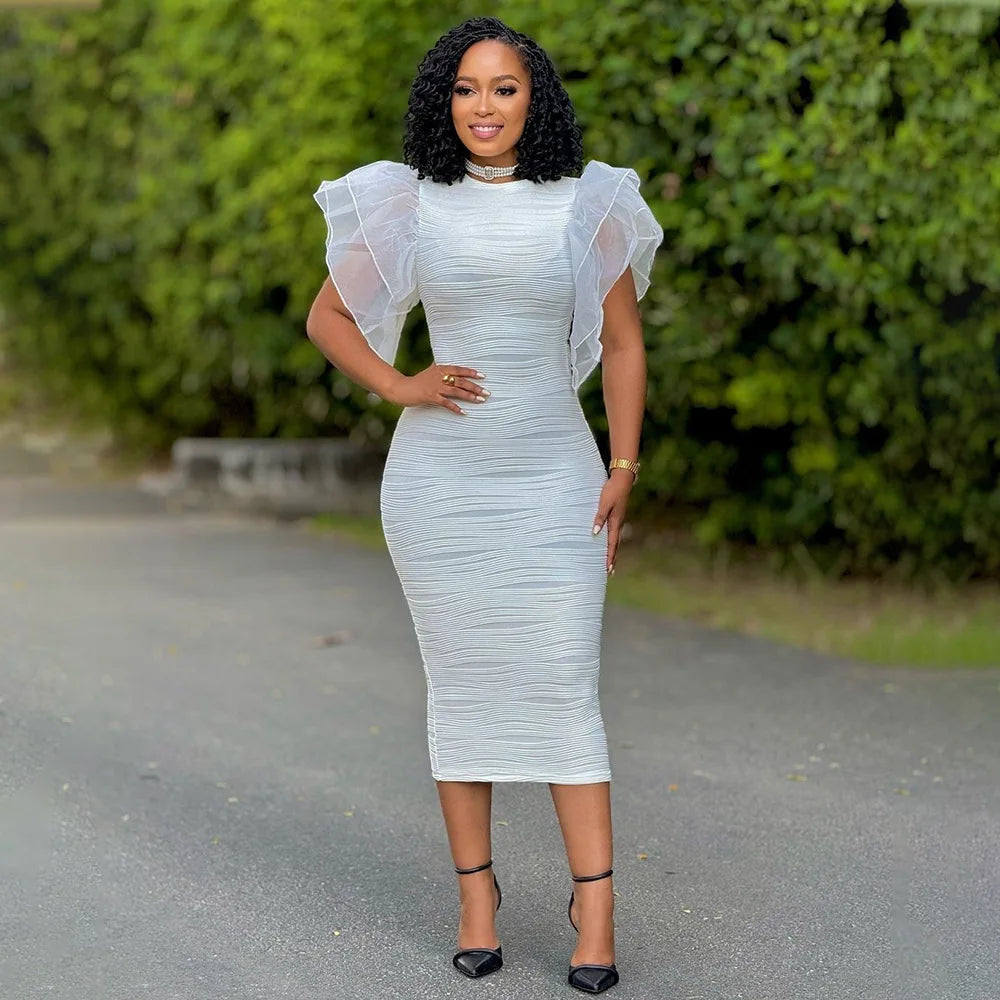 Elegant Hot Striped Bodycon Midi Dress with Sheer Ruffle Sleeves