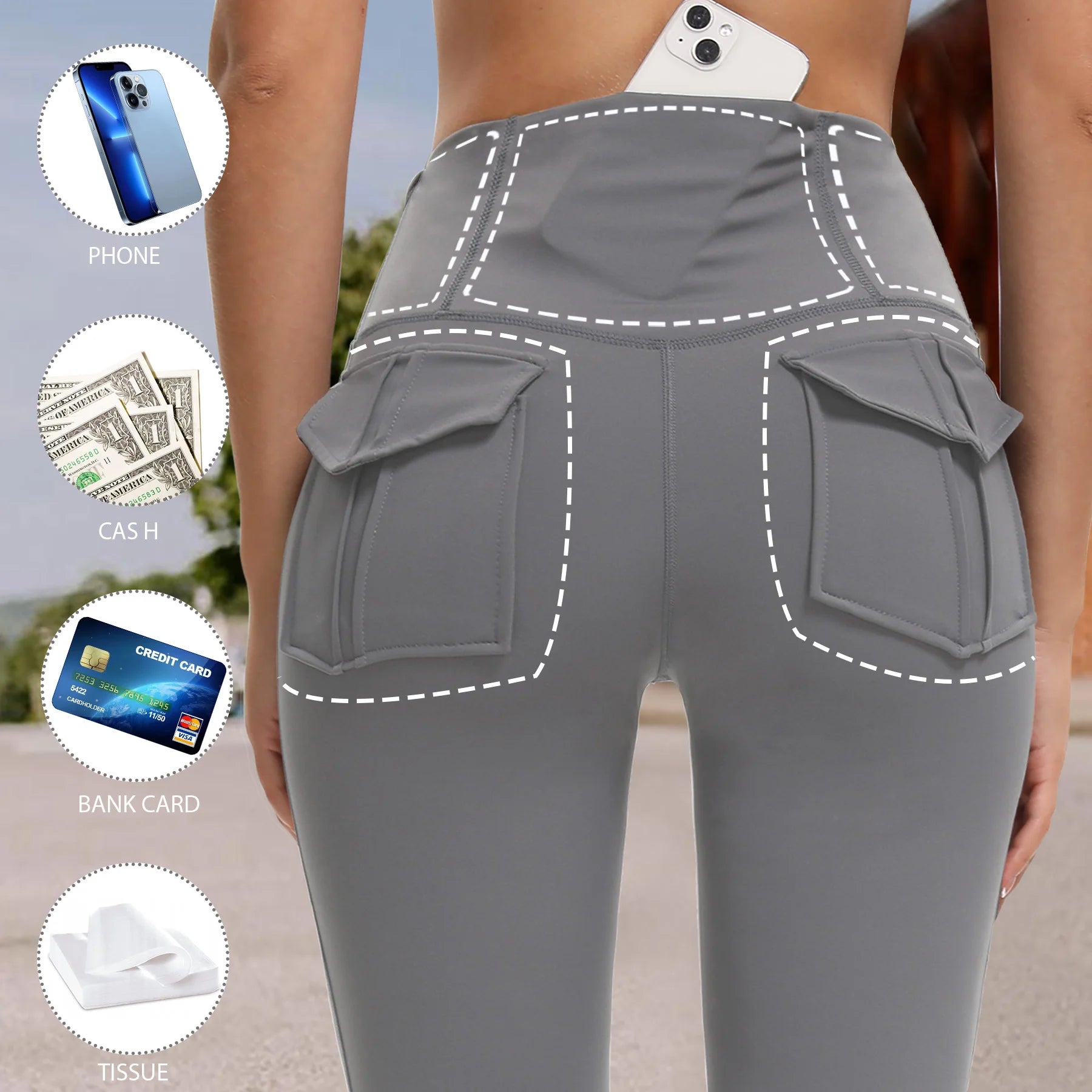 Gray leggings with large pockets and icons indicating their functionality.
