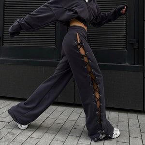 Knitted Slit Hollow Solid Tie Sweatpants