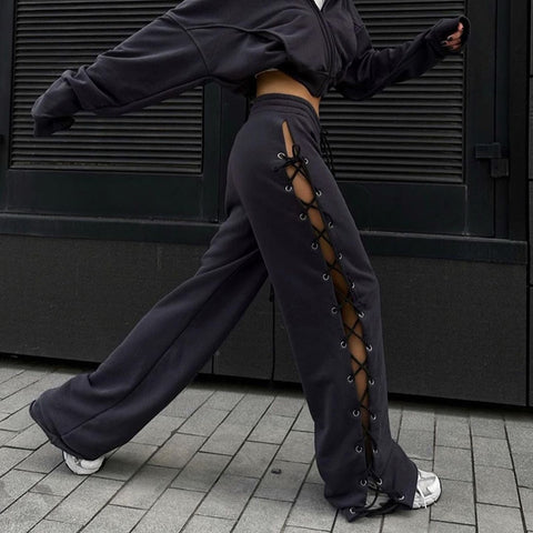 Knitted Sweatpants Women Slit Hollow Solid Tie Casual Comfortable Everyday Fashion Pants