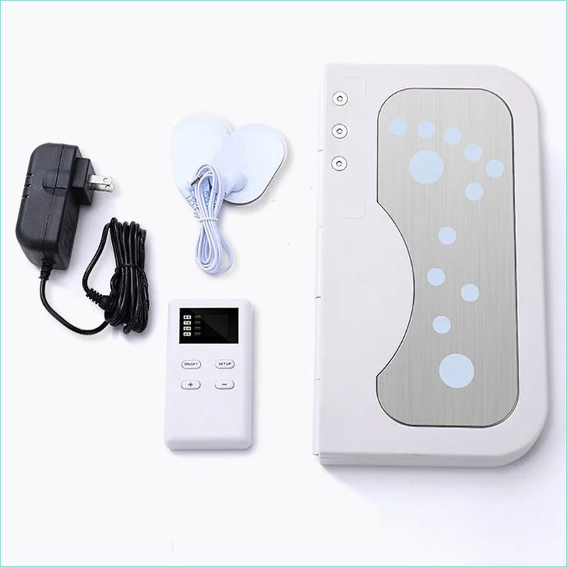 Set of electronic devices including a power adapter, remote control, and wall-mounted device on a white background.