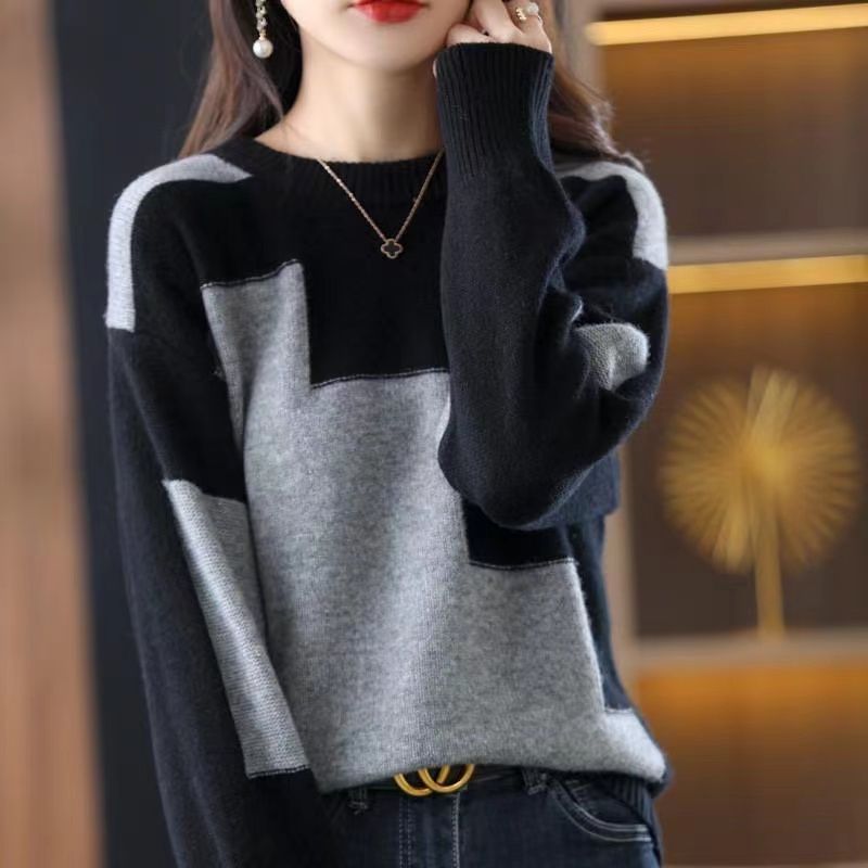 Sweaters for Women Fashion Pullover O-Neck Spliced Knitted Color Korean Style Tops